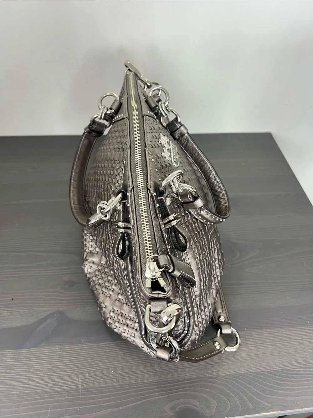 Coach Madison Sophia Pewter Woven Leather Satchel Gun Metal Bag